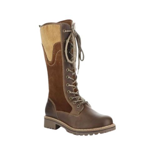 Mid-calf lace-up brown winter boots with tan textured cuff.
