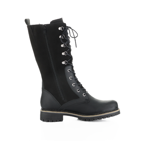 Black lace-up tall boot with suede shaft, smooth leather foot, inside zipper and lugged outsole.