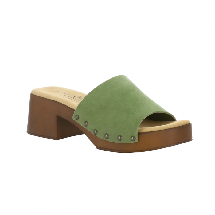 Women's Bos&Co Marly heeled block sandal in green suede with cushioned footbed and stud detailing, perfect for summer wear.