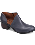 Caitlyn heeled shoe in navy. Dark blue leather upper with block heel and side cutout. 