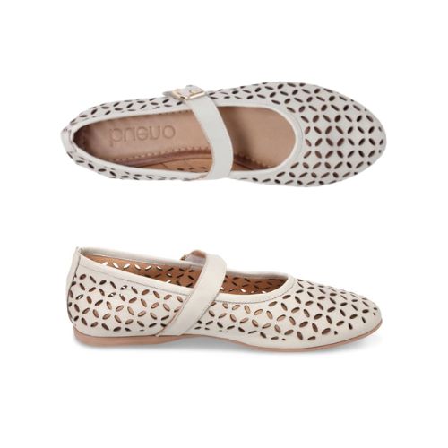 Pair of Mary Jane Flats in white leather with floral laser-cut design, Velcro strap, tan Bueno footbed and tan outsole.