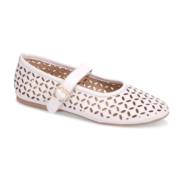Mary Jane Flat in white genuine leather with floral laser-cut design, Velcro strap and tan outsole.