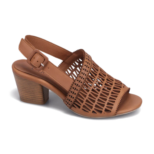 Brown leather heeled sandal with adjustable backstrap and perforated leather upper. Features a 2 and 3/4 inch block heel. 