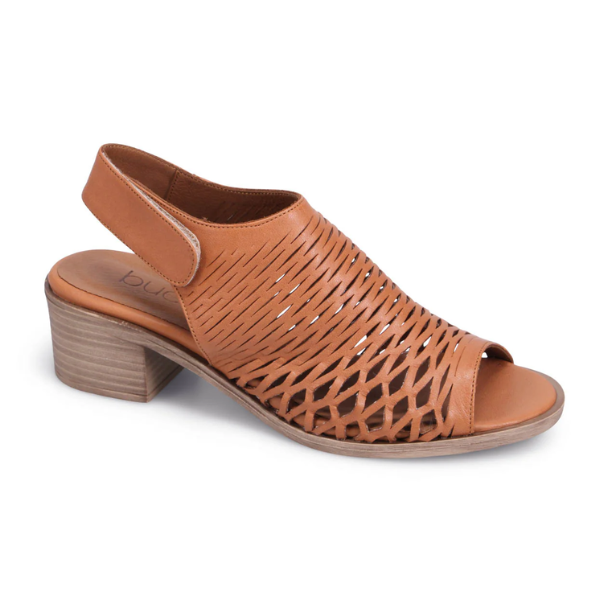 Bueno Olsen slingback heeled sandal in tan for women, featuring breathable laser-cut upper and cushioned block heel for all-day comfort.