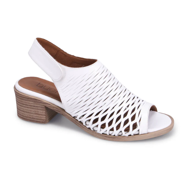 Women's Bueno Olsen slingback heeled sandal in white with laser-cut mesh design, 2-inch block heel, and Velcro strap for stylish summer wear.