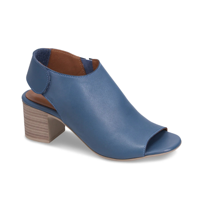 Blue peep-toe slingback sandal with  tan footbed and a brown block heel.