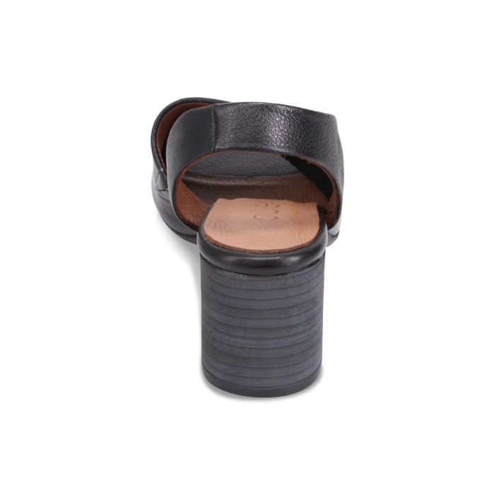 Black open-toe slingback sandal with tan footbed and stacked block heel.