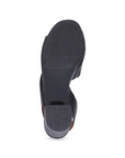 Black rubber outsole of block heel sandal with light wave tread pattern.