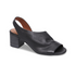 Black open-toe slingback sandal with tan footbed and stacked block heel.