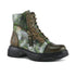 Women's L'Artiste Carnelian Combat Leather Boot in green camo with side zipper, lace-up front, and chunky black outsole for edgy fall style.