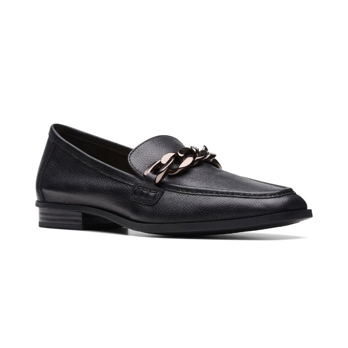 Black leather loafer with chain detailing and low stacked heel.