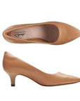 Top and side view of Clarks tan leather kitten heel with pointed toe.