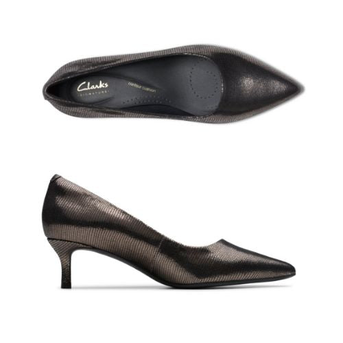Pair of A metallic pointed-toe court shoe with a low heel and textured upper.