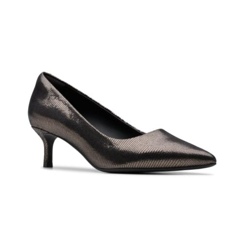 A metallic pointed-toe court shoe with a low heel and textured upper.