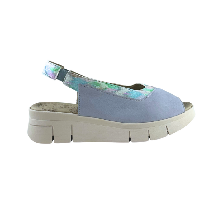 Sandal in mimosa blue, shimmery blue slingback strap, beige Cloud logo'd footbed and off-white wedge outsole.