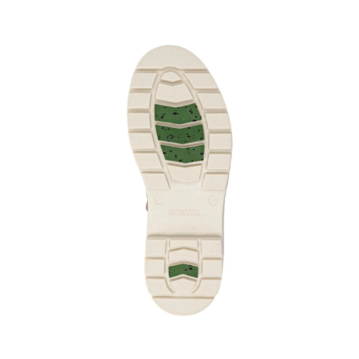 White deep treaded outsole with green fiber glass grip sections and Remonte logo stamped in middle.