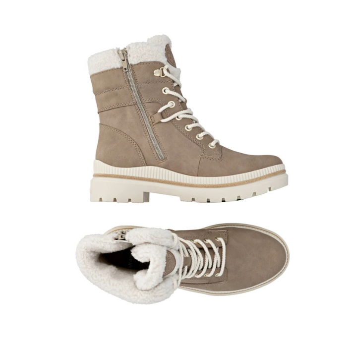 Pair of taupe lace-up winter boots with inside zipper, white faux-fur lining at the collar, white laces, and a thick white lug outsole.