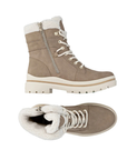 Pair of taupe lace-up winter boots with inside zipper, white faux-fur lining at the collar, white laces, and a thick white lug outsole.