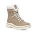 A taupe lace-up winter boot with white faux-fur lining at the collar, white laces, and a thick white lug outsole.