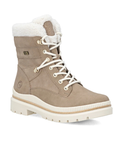 A taupe lace-up winter boot with white faux-fur lining at the collar, white laces, and a thick white lug outsole.