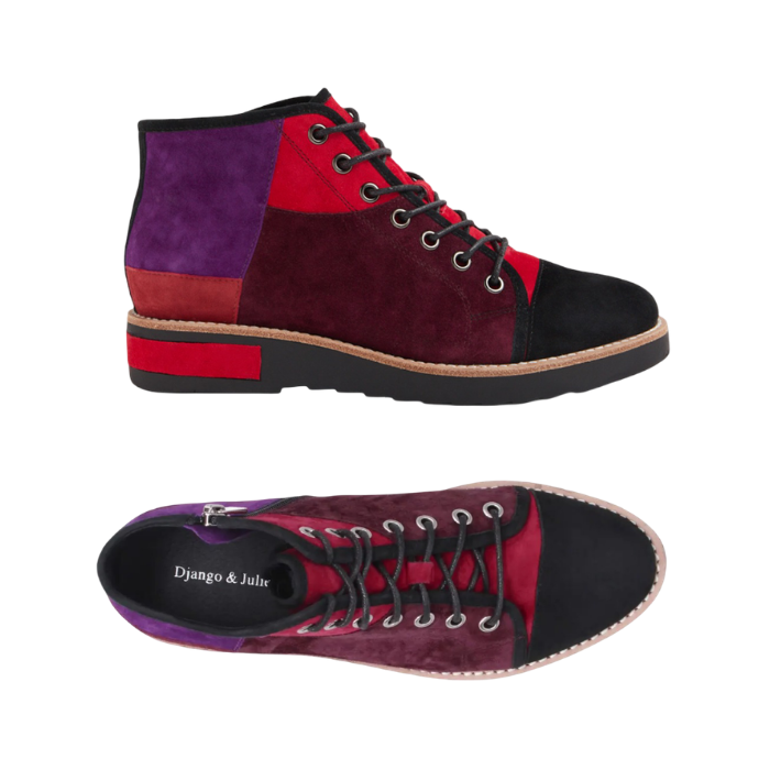Pair of high-top patchwork ankle boots featuring suede panels in red, burgundy, purple, and black, Django and Juliette logo'd black footbed with black laces and a black outsole.