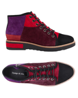 Pair of high-top patchwork ankle boots featuring suede panels in red, burgundy, purple, and black, Django and Juliette logo'd black footbed with black laces and a black outsole.