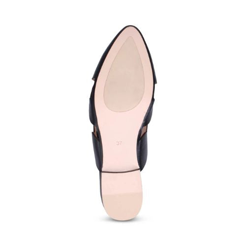 Sole view of Django & Juliette Forli black leather mule highlighting its durable rubber outsole and sleek pointed toe design.