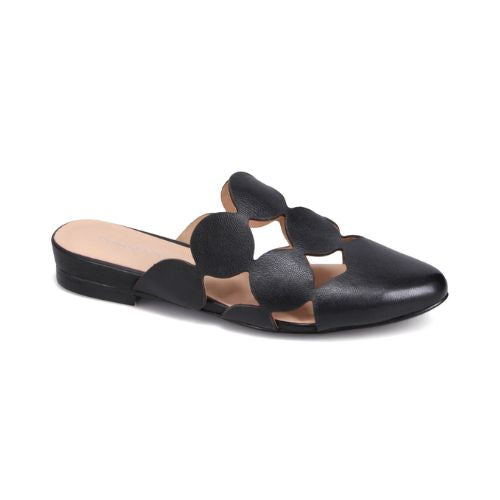 Women's Django & Juliette Forli Leather Mules in black with circular cutout design and low heel, ideal for stylish everyday wear.