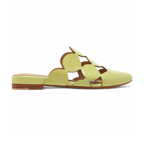 Women's Django & Juliette Forli Leather Mules in lime green patent finish with unique cutout pattern and low-profile heel.
