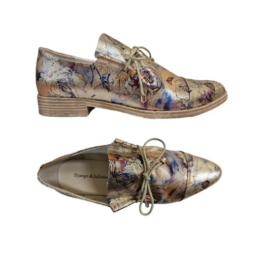 Top and side view of floral metallic Women's Django And Juliette Kotty Oxford shoes. Leather lace-up design with cushioned insole for comfort.