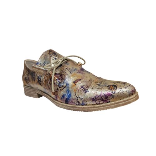 Women's Django And Juliette Kotty Oxford shoes in floral metallic leather. Elegant lace-up casuals with premium finish and low stacked heel.