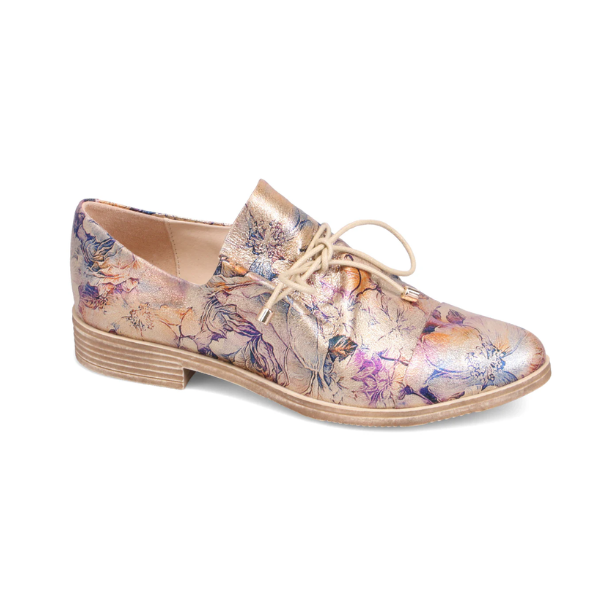 Woman's Oxford shoe in floral gold metallic leather with lace-up slip on style and a low stacked heel.