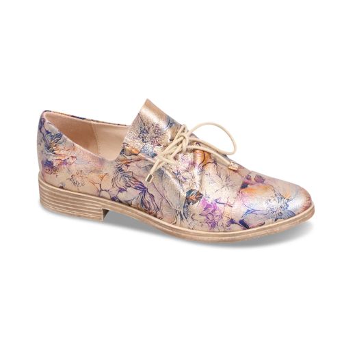 Women's Django And Juliette Kotty Oxford shoes in floral metallic leather. Elegant lace-up casuals with premium finish and low stacked heel.