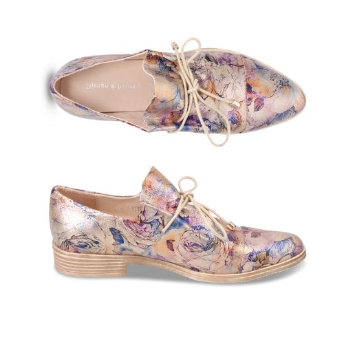 Pair of Women's Oxford shoes in floral gold metallic leather with lace-up slip on style and a low stacked heel.