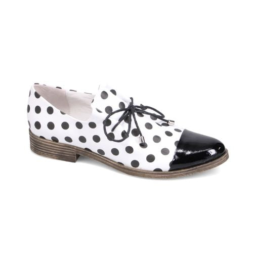 Women's Django And Juliette Kotty Oxford in black and white polka dot leather with glossy black toe cap. Stylish lace-up casuals for everyday wear.