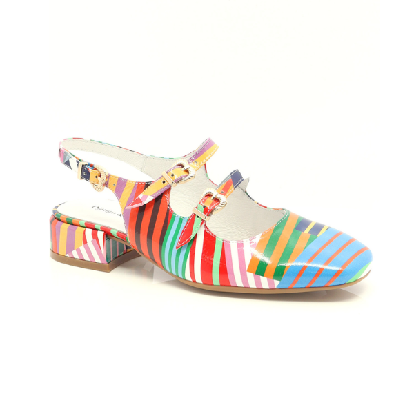 Colorful striped Django & Juliette Viraz Slingback Heels for women with square toe, dual buckle straps, and low block heel.