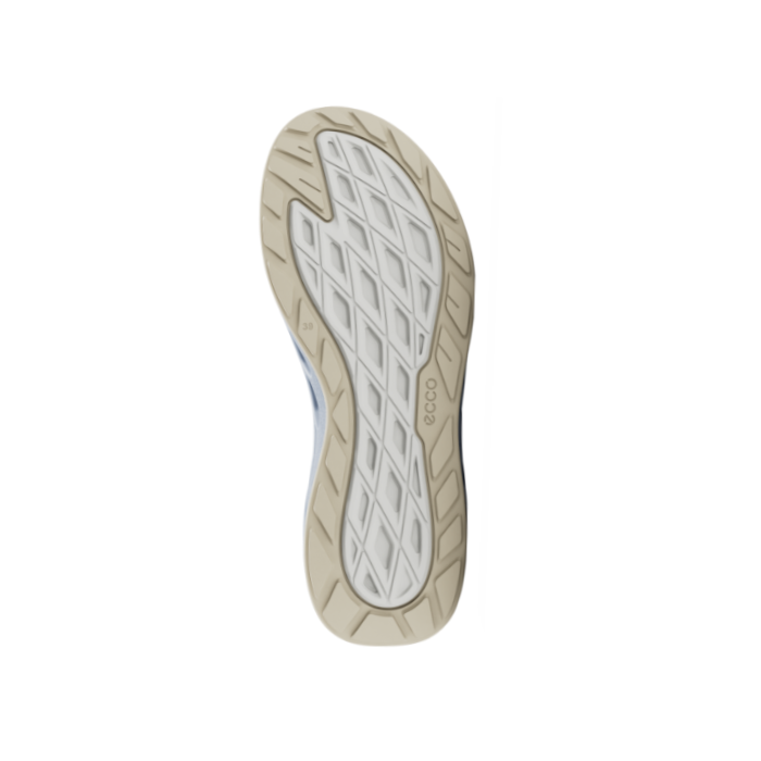 White and beige outsole with geometric tread pattern and Ecco logo on side.