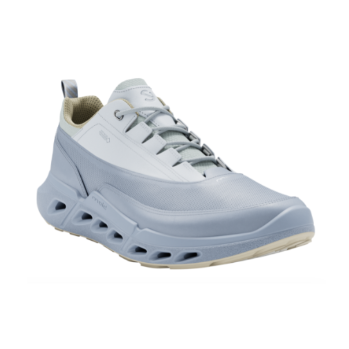 Blue sporty sneaker with light blue accents, thick unique midsole and tan outsole.