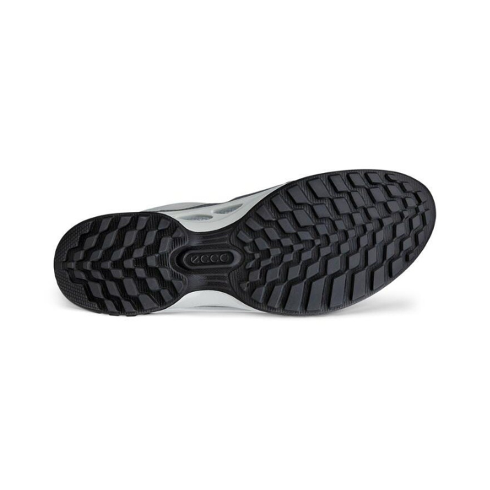 Black deep treaded outsole with Ecco logo in middle.