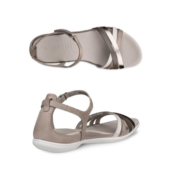 Pair of Grey sandal in varying shades straps crossing over toes, grey Ecco logo'd footbed and white outsole.