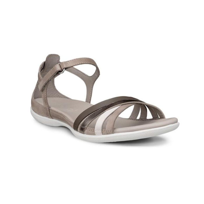 Grey sandal in varying shades straps crossing over toes, grey footbed and white outsole.