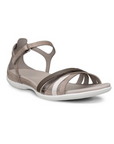 Grey sandal in varying shades straps crossing over toes, grey footbed and white outsole.