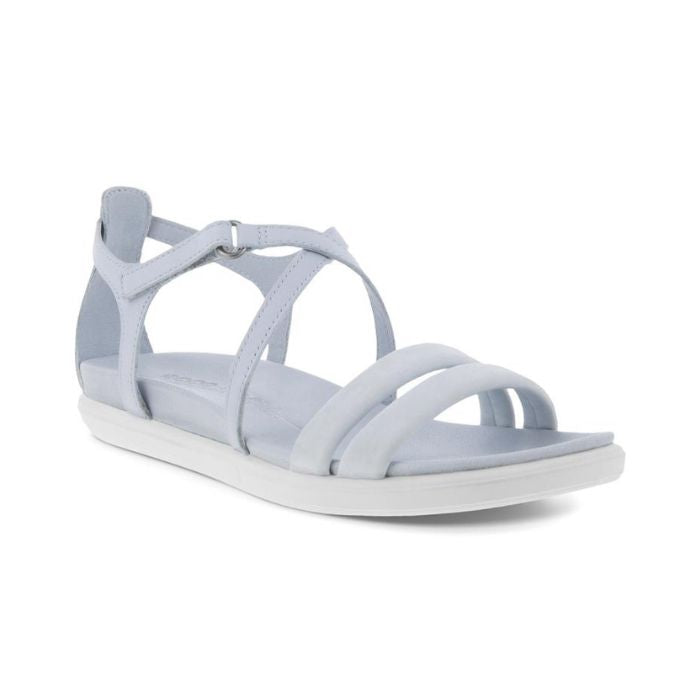 Light blue leather sandal with adjustable ankle strap and white outsole.