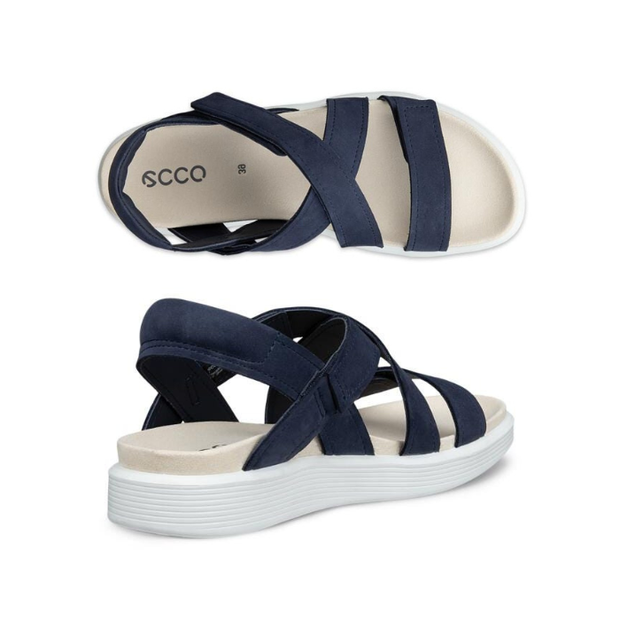 Pair of backstrap sandals in navy with criss-crossing Velcro straps, tan Ecco logo'd footbed and white outsole.