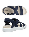 Pair of backstrap sandals in navy with criss-crossing Velcro straps, tan Ecco logo'd footbed and white outsole.