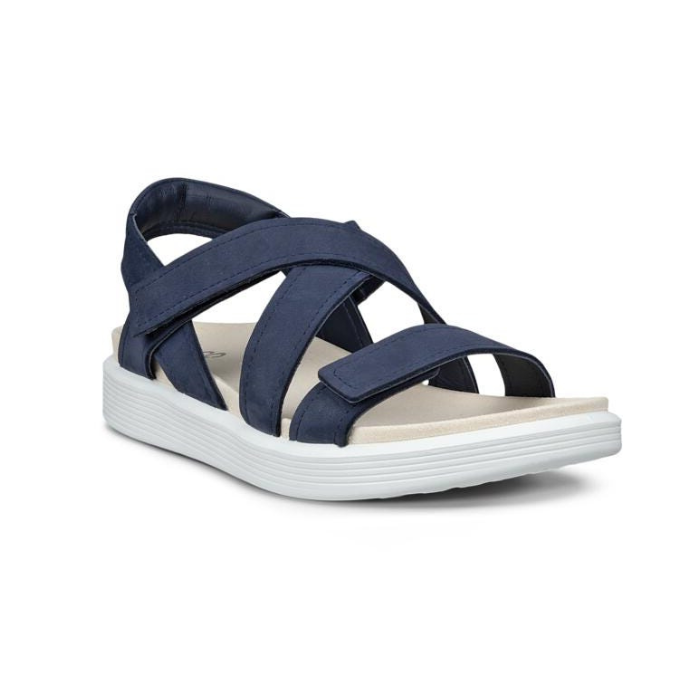 Backstrap sanda in navy with criss-crossing Velcro straps, tan Ecco logo'd footbed and white outsole.