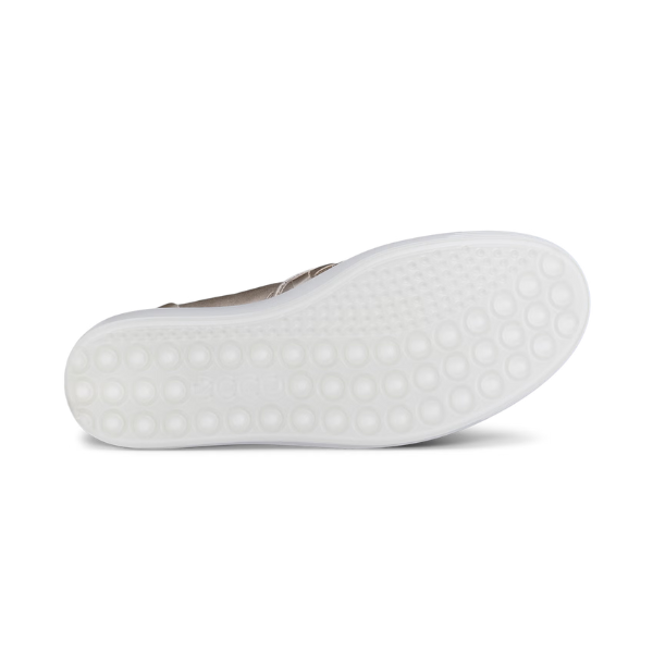 A clear outsole with circle tread pattern and Ecco logo in middle.