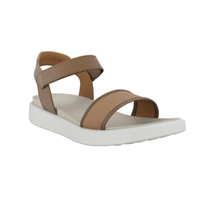 Tan Sandal with backstrap, tan footbed and white outsole.