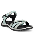 Women's Ecco Yucatan Slim Walking Sandal in mint green with black sole, ideal for outdoor adventures with cushioned support and grip.
