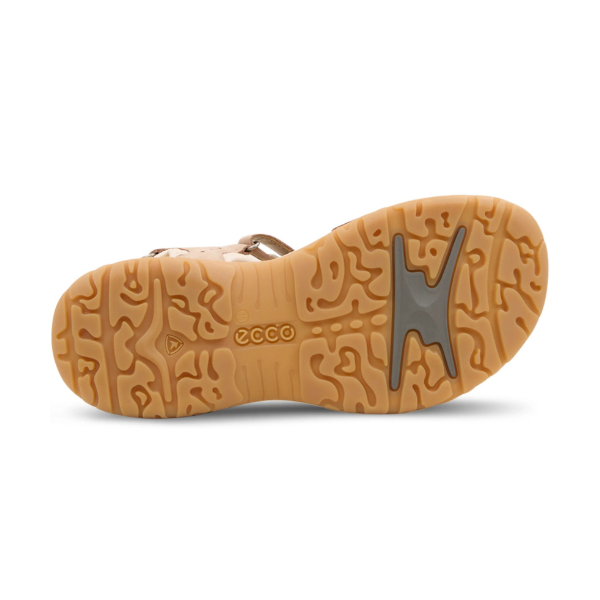 Outsole of Women&#39;s Ecco Yucatan Slim Walking Sandal in beige showing durable tread pattern and ECCO Receptor Technology for traction.